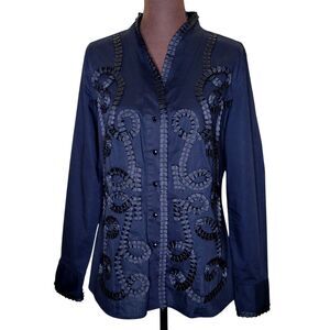 NEXX Womens Black Button Up Shirt Size L  Swirl Trim Design Long Sleeves Cotton
